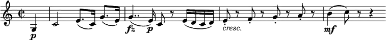 
\relative g {
\key c \major \time 2/2
\partial 4 g4 \p | c2 e8.([ c16)] g'8.( e16)
g4..( \fz e16) \p c8 r e16( d c d)
e8-. _\markup{ \italic "cresc."} r f-. r g-. r a-. r | b4( \mf c8) r r4
} 