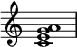 
{
\override Score.TimeSignature #'stencil = ##f
\relative c' {
   \clef treble
   \time 4/4
   \key c \major
   <c e g a>1
} }
