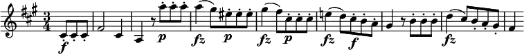  { \relative cis' { \key fis \minor \time 3/4
\partial 4. cis8-. \f cis-. cis-. | fis2 cis4 | a4 r8 a''8-. \p a-. a-. |
a4( \fz gis8) eis-. \p eis-. eis-. | gis4( \fz fis8) cis-. \p cis-. cis-. |
e!4( \fz d8) cis-. \f b-. a-. | gis4 r8 b-. b-. b-. | d4( \fz cis8) b-. a-. gis-. | fis4}} 