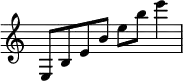  {
\override Score.TimeSignature #'stencil = ##f
{
    \relative c {
        \time 4/4
        e8 b' e b' e b' e4 
    }
} }
