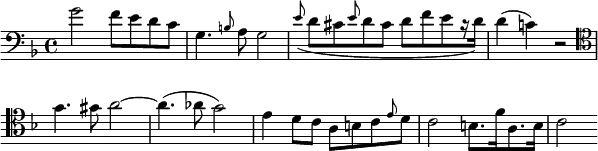   {
\relative c' { \clef bass \key f \major
  g'2 f8 e d c | g4. \grace b8 a g2 | \grace e'8( d cis \grace e d cis d[ f e r16 d16]) | d4( c!) r2 | \clef tenor g'4. gis8 a2 ~ a4.( aes8 g2) | e4 d8 c a b c \grace e d | c2 b8.[ f'16 a,8. b16] | c2
} }
\layout { \context {\Score \omit BarNumber} line-width = #150 }
