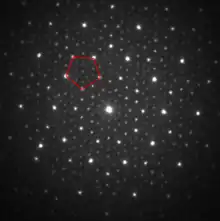 An electron diffraction pattern from a quasicrystal showing features not seen in patterns from regular crystals.