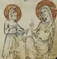 Jesus hands the water in his lap over to Mary.