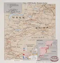 Map of the western China-USSR border showing the Pamir area (41,000 km2 (16,000 sq mi)) claimed by China. "This section shown as 'Indefinite' on Chinese maps, 'Definite' on Russian maps. Based on 1895 Anglo-Russian treaty." (1977)