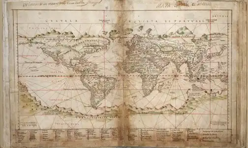 Teixeira Albernaz's 1630 "General Chart for All Navigation" (Taboas Geraes de Toda a Navegação), displaying an antimeridian equivalent to 135° E.