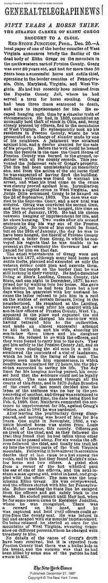 A scan of the General Telegraph News story "50 Years a Horse Thief"