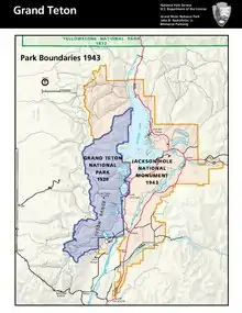 The image shows the map and area that was encompassed by the Grand Teton National Park (98,000 acres) and the Jackson Hole National Monument (221,610 acres). The national monument shared part of the park's northern border and the entire eastern border. The park is colored in purple and the monument is colored in yellow.