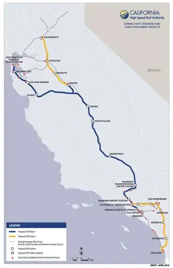 CAHSR connections to other rail systems and "bookend" investments. Not all the other lines are named, and Madera (just south of the wye, between Merced and Fresno) is not shown. Red stars indicate investments in other rail systems.