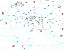 二里頭文化遺址分佈圖，集中於豫西伊洛嵩地與晉南汾河下游二處