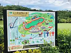 文山景美運動公園園內的地圖，其中有標示十五份遺址紀念碑的位置