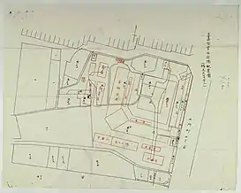 日治時期的西市場配置圖，其中圖中的「魚セリ場」即本棟建築