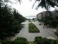 2004年的青岛路，由北向南视角，左侧德华银行旧址被树木挡住，右侧为海因里希亲王饭店原址