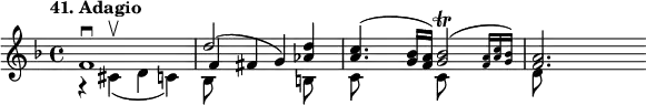 
%etude41
\relative f'
{
\time 4/4 
\tempo "41. Adagio"
\key f \major
<<
{  f1 \downbow | d'2 (g,4) <d' aes>4 | <a c>4. (<g bes>16 <f a>) \afterGrace <g bes>2 \trill _\trill ({ <f a>16 [<a c> <g bes>)]} <f a>2. }
\\
{ r4 cis ^\upbow (d c) | bes8 s s2 b8 s8 | c8 s s4 c8 s s4 | d8}
\\
{ s1 | f4 fis  }
>>
}
