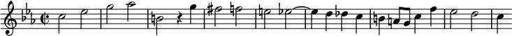 \relative c'{
    \clef treble
 \key c \minor
    \time 2/2
\set Staff.midiInstrument = "harpsichord"
    c'2 ees      | % 1
    g aes      | % 2
    b, r4 g'      | % 3
    fis2 f      | % 4
    e ees~      | % 5
    ees4 d des c      | % 6
    b a8 g c4 f      | % 7
    ees2 d \bar "|"     | % 8
    c4
}