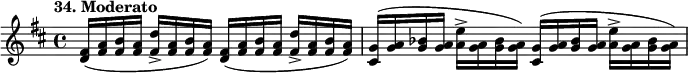 
%etude34
\relative d'
{
\time 4/4 
\tempo "34. Moderato"
\key d \major
<d fis>16 (<fis a> <fis b> <fis a> <fis d'>-> <fis a> <fis b> <fis a>) <d fis>16 (<fis a> <fis b> <fis a> <fis d'>-> <fis a> <fis b> <fis a>) | <cis g'> (<g' a> <g bes> <g a> <a e'>-> <g a> <g bes> <g a>) <cis, g'> (<g' a> <g bes> <g a> <a e'>-> <g a> <g bes> <g a>)
}
