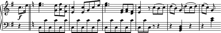 
 \relative c'' {
  \new PianoStaff <<
  \new Staff \with { \remove "Time_signature_engraver" } { \key g \major \time 3/4 \partial 4
  c8.\f e16 \bar "||" \key c \major <e g>4. <g, e'>8 <a f'> <f d'> <e c'>4 <e c'>8 g c e <e g>4. <g, e>8 <a f> <f d> <e c'>4 r8 c' (b c ) d [(b)] g d' [(c d)] e [(c)] g
  }
   \new Staff \with { \remove "Time_signature_engraver" } { \key g \major \time 3/4 \clef bass \partial 4
    r4 \key c \major c,,8 c' c, c' c, c' c,8 c' c, c' c, c' c,8 c' c, c' c, c' c,8 c' c, r r4 r <g b d> r r <c' e>
   }
  >>
 }
