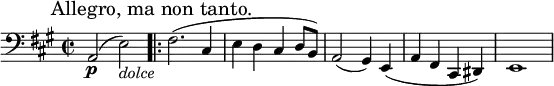 \relative c
{ 
\set Staff.midiInstrument = #"cello"
\key a
\major
\time 2/2 
\clef bass
a2\p ( e'2)_\markup { \italic "dolce" } \mark "Allegro, ma non tanto." 
\set Score.repeatCommands = #'(start-repeat)
fis2.( 
cis4 e d cis d8 b)
a2( gis4) e(
a fis cis dis)
e1( 
}
