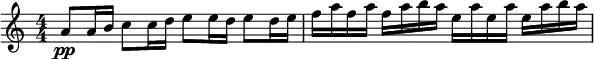 
\relative c'' {
  \set Staff.midiInstrument = #"violin"
  \set Score.tempoHideNote = ##t \tempo 4 = 135
\numericTimeSignature
\tempo "Allegro"
  \key c \major \time 4/4
  a8\pp a16 b c8 c16 d e8 e16 d e8 d16 e| 
  f a f a f a b a e a e a e a b a | 
}
