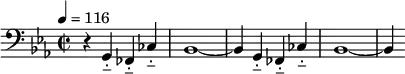 
\relative g,
{  
\time 2/2 
\tempo 4 = 116
\key ees \major \clef bass
r4 g-_ fes-_ ces'-_ bes1~ bes4 g-_ fes-_ ces'-_ bes1~ bes4
} 
