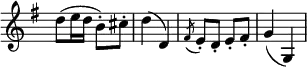 
 \relative c' {
  \new Staff \with { \remove "Time_signature_engraver" } { \key g \major \time 2/4
   d'8 (e16 d b8\staccato) cis\staccato d4 (d,) \acciaccatura fis8 e8\staccato d\staccato e\staccato fis\staccato g4 (g,)
  }
 }
