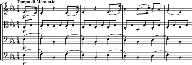 
\new StaffGroup <<
 \new Staff { \relative c' { \key ees \major \time 3/4 \tempo "Tempo di Menuetto" \partial 4
  \set Staff.midiInstrument = "violin"
  \set Score.tempoHideNote = ##t \tempo 4 = 88
  ees8..\p (d32) d4\staccato r d8.. (ees32) ees4\staccato r ees8.. (g32) bes4 bes8.. (c32) bes8\staccato aes\staccato g4 (ees) } }
 \new Staff { \relative c' { \key ees \major \time 3/4 \clef C \partial 4
  \set Staff.midiInstrument = "viola"
  g8\staccato\p bes8\staccato aes8\staccato bes8\staccato aes8\staccato bes8\staccato aes8\staccato bes8\staccato g8\staccato bes8\staccato g8\staccato bes8\staccato g8\staccato bes8\staccato f8\staccato bes8\staccato d,8\staccato bes'8\staccato f8\staccato bes8\staccato g8\staccato [bes8\staccato g8\staccato bes8\staccato] } }
 \new Staff { \relative c { \key ees \major \time 3/4 \clef bass \partial 4
  \set Staff.midiInstrument = "cello"
  ees4\p (f\staccato) bes,\staccato f'4 (ees\staccato) bes\staccato ees4 (d\staccato) bes\staccato d4 (ees\staccato) bes\staccato } }
 \new Staff { \relative c { \key ees \major \time 3/4 \clef bass \partial 4
  \set Staff.midiInstrument = "contrabass"
  ees4\p (f\staccato) bes,\staccato f'4 (ees\staccato) bes\staccato ees4 (d\staccato) bes\staccato d4 (ees\staccato) bes\staccato } }
>>
