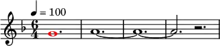 
\relative g'
{  
\time 6/4 
\tempo 4 = 100
\key f \major
\override Voice.NoteHead.color = #(rgb-color 1 0 0)g1. \override Voice.NoteHead.color = #(rgb-color 0 0 0)a1.~ a1.~ a2. r2.
} 
