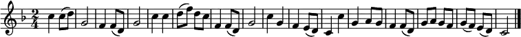 {
\set Staff.midiInstrument = #"harmonica"
\time 2/4 \key f \major c''4 c''8 ( d'' ) | g'2 | f'4 f'8 ( d' ) | g'2 | c''4 c'' | d''8 ( f'' ) d'' c'' | f'4 f'8 ( d' ) | g'2 | c''4 g' | f' e'8 ( d' ) | c'4 c'' | g' a'8 g' | f'4 f'8 ( d' ) | g' a' g' f' | g' ( f' ) e' ( d' ) | c'2 \bar "|." }
\addlyrics {东 方 红， 太 阳 升， 中 国 出 了 个 毛 泽 东。 他 为 人 民 谋 幸 福， （呼 儿 嗨 哟） 他 是 人 民  大 救 星。}