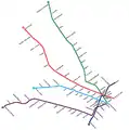 2003年至2007年间的地铁网络，使用Metrovías（西班牙语：）实施的新配色方案，添加B线和D线的延伸线。