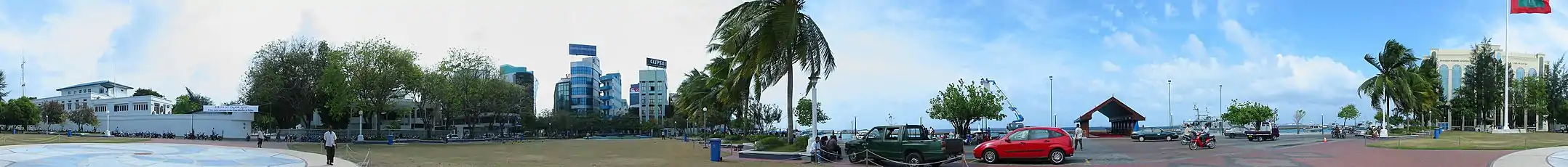 Panorama of the Republic Square and main jetty with MNDF Headquarters on the left and Police Headquarters on the right.