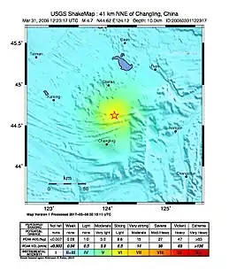 美国地质勘探局提供的本次地震烈度分布图，震中以五角星标识。