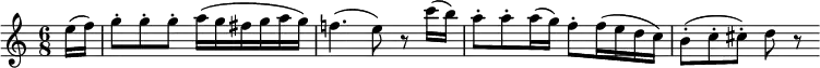 \new Score {
  \new Staff = "clarinet" {
    \relative c'' {
      \set Staff.midiInstrument =#"clarinet"
           \clef treble
      \key c \major
      \time 6/8
      \partial 16*2 e16( f) | g8-. g-. g-. a16( g fis g a g) |
      f!4.( e8) r c'16( b) | a8-. a-. a16( g) f8-. f16( e d c) |
      b8-.( c-. cis-.) d r
    }
  }
}