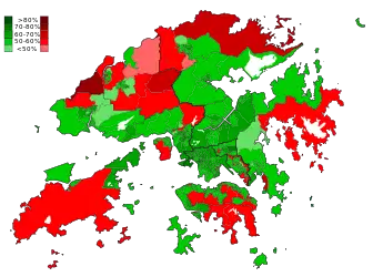 建制/泛民票站得票（綠色為泛民，紅色為建制）：建制派於元朗、西貢、南區、新界東北鄉郊、大嶼山、長洲等地區維持優勢。而荃灣福來、石圍角、西貢環保、橫頭磡、土瓜灣等建制派任區議員的地區建制派都得票過半。觀塘的啟業、順利、秀茂坪、油塘建制派都勝過泛民主派。而中上階級的半山區也出現倒向建制派的清況。