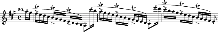 
%etude20
\relative a'
{  
\time 4/4 
\tempo "20."
\key a \major
\partial 8 a'16 (gis | fis\trill\accent e d cis b\trill\accent a gis fis e\trill\accent d cis b) a8-. cis''16 (b | a\trill\accent gis fis e d\trill\accent cis b a gis\accent\trill fis e d) cis8-. e''16 (d | cis\trill\accent b a gis fis\trill\accent e d cis b\trill\accent a gis fis) e8-. 
} 
