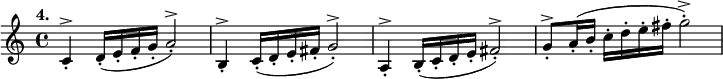 
%etude4
\relative c'
{  
\time 4/4 
\tempo "4."
c4-.^> d16-. (e-. f-. g-. a2-.^>) |
b,4-.^> c16-. (d-. e-. fis-. g2-.^>) |
a,4-.^> b16-. (c-. d-. e-. fis2-.^>) |
g8-.^> a16-. (b-. c-. d-. e-. fis-. g2-.^>)
} 
