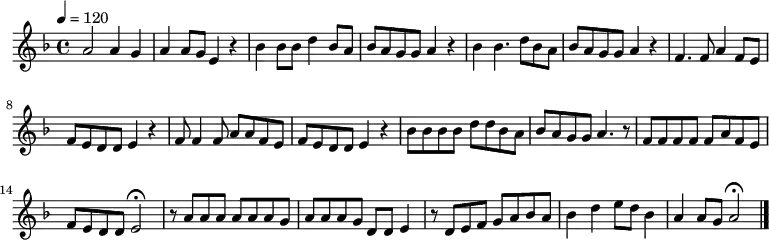 {
\relative d' { \key d \minor \tempo 4 = 120 \time 4/4
a'2 a4 g4| a4 a8 g8 e4 r4| bes'4 bes8 bes8 d4 bes8 a8| bes8 a8 g8 g8 a4 r4|
bes4 bes4. d8 bes8 a8| bes8 a8 g8 g8 a4 r4|
f4. f8 a4 f8 e8| f8 e8 d8 d8 e4 r4|
f8 f4 f8 a8 a8 f8 e8| f8 e8 d8 d8 e4 r4|
bes'8 bes bes bes d d bes a| bes a g g a4. r8|
f8 f f f f a f e| f e d d e2\fermata|
r8 a a a a a a g| a a a g d d e4| r8 d e f g a bes a| bes4 d4 e8 d8 bes4| a4 a8 g8 a2\fermata \bar "|."
}
\addlyrics {
とお りゃん せ とお りゃ ん せ
こ こ は ど こ の ほ そ み ち じゃ
てん じん さ ま の ほ そ み ち じゃ
ちっ と とお し て く だ しゃ ん せ
ご よう の な い も の と お しゃ せ ぬ
こ の こ の な な つ の お い わ い に
お ふ だ を お さ め に ま い り ま す
い き は よ い よ い か え り は こ わ い
こ わ い な が ら も
と お りゃ ん せ とお りゃ ん せ
 }
}