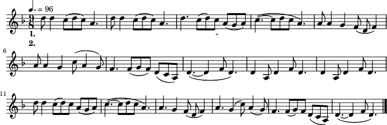 
\relative d' { \key d \minor \time 9/8  \tempo 4. = 96 \set Staff.midiInstrument = #"violin"
d'8 d4 c8( d c) a4.| d8 d4 c8( d c) a4.| d4. c8( d) c8 a8( g a)| c4. ~ ( c8 d8 c8 a4. )|
a8 a4 g4 f8( d f4)| a8 a4 g4 c8( a4 g8)| f4. f8( g f) d8( c a)|d4. ~ ( d4 f8 d4. )|
d4 a8 d4 f8 d4.| d4 a8 d4 f8 d4.| d'8 d4 c8( d) c8 a8( g a)| c4. ~ ( c8 d8 c8 a4. )|
a4. g4 f8( d f4)| a4. g4( c8) a4( g8)| f4. f8( g) f d8( c a)|d4. ~ ( d4 f8 d4. )\bar "|."}
\addlyrics {
\set stanza = #"1. "
날 좀 보 소 날 좀 보 소 날 좀 - 보 소 
동 지 섣 날 꽃 본 듯 이 날 좀 보 소 
아 리 아 리 랑 쓰 리 쓰 리 랑 아 라 리 가 났 네
아 리 랑 고 개 로 날 넘 겨 주 소}
\addlyrics{
\set stanza = #"2. "정 든 임 이 오 셨 는 데 인 사 도 못 해
행 주 치 마 입 에 물 고 입 만 방 긋}
