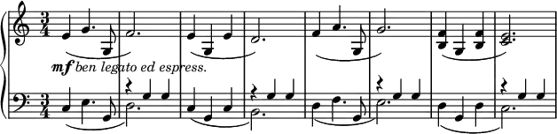 
 \relative c' {
  \new PianoStaff <<
   \new Staff { \key c \major \time 3/4 
\relative c' {e4(_\markup {\center-align \dynamic mf \italic {ben legato ed espress.}} g4. g,8 f'2.) e4( g, e' d2.) f4( a4. g,8 g'2.) <f b,>4( g, <b f'> <e c>2.) }
  }
   \new Staff { \key c \major \time 3/4 \clef bass
\relative c {
<<
{s2. r4 g'4 g s2. r4 g g s2. r4 g g s2. r4 g g}
\\
{\stemNeutral c,4( e4. g,8 d'2.) c4( g c \once \stemDown b2.) d4( f4. g,8 e'2.) d4( g, d' \once \stemDown c2.)}
>>
   }}
  >>
 }
