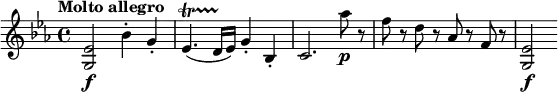 
\relative c' {
 \key es \major
 \tempo "Molto allegro"
 <g es'>2\f bes'4-. g-. es4.\startTrillSpan( d16\stopTrillSpan es) g4-. bes,-. c2. as''8\p r f r d r as r f r <g, es'>2\f
}
