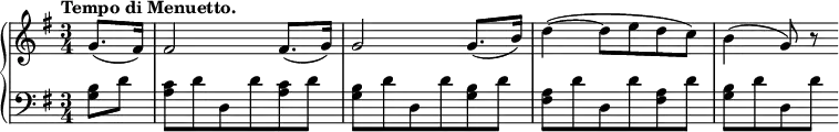 
 \relative c' {
  \new PianoStaff <<
   \new Staff { \key g \major \time 3/4 \partial 4 \tempo "Tempo di Menuetto."
    g'8.( fis16) fis2 fis8.( g16) g2 g8.( b16) d4~( d8 e d c) b4( g8) r
   }
   \new Staff { \key g \major \time 3/4 \clef bass \partial 4
    <b, g>8 d <c a> d d, d' <c a> d <b g> d d, d' <b g> d <a fis> d d, d' <a fis> d <b g>[ d d, d']
   }
  >>
 }
