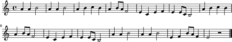 
\relative c' {
\time 4/4 \key c \major
a'4 a4 b2 a4 a4 b2 a4 b4 c4 b4 a4 b8 a8 f2
e4 c4 e4 f4 e4 e8 c8 b2 a'4 b4 c4 b4 a4 b8 a8 f2
e4 c4 e4 f4 e4 e8 c8 b2 a'4 a4 b2 a4 a4 b2
e,4 f4 b8 a8 f4 e2 r2
\bar "|."
}
\addlyrics {
さ く ら さ く ら
や よ い の そ ら ー は
み わ た す か ぎ ー り
か す み か く も ー か
に お い ぞ い ず ー る
い ざ や い ざ や
み に ゆ ー か ん
}
