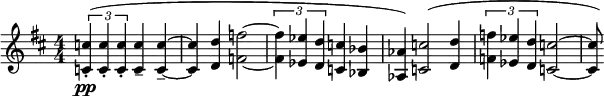 
\relative c' {
  \key d \major
  \numericTimeSignature
  \time 4/4
   \tuplet 3/2 { <c' c,>4-.\pp(<c c,>-. <c c,>-.} <c c,>-- <c c,>-- ~ |
    <c c,>\< <d d,> <f f,>2  ~ | 
   \tuplet 3/2 { <f f,>4\> <ees ees,> <d d,>} <c c,> <bes bes,> |
    <aes aes,>) <c c,>2( <d d,>4 |
   \tuplet 3/2 { <f f,> <ees ees,> <d d,> } <c c,>2 ~ | <c c,>8) |
  }
