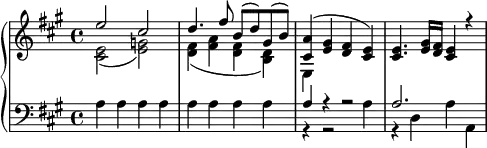 
\version "2.18.2"
\header {
  tagline = ##f
}
upper = \relative c' {
  \clef treble 
  \key a \major
  \time 4/4
  \tempo 4 = 130
  %\override TupletBracket.bracket-visibility = ##f

   %%Mozart — Concerto 23 mvt 1, th. 1
   << { e'2~ cis d4. fis8 b,( d) gis,( b) < a cis, >4( < gis e > < fis d > < e cis >) q4. < gis e >16 < fis d > < e cis >4 r4 } \\ { < e cis >2( < g e >) < fis d >4( < a fis > < fis d > < d b >) e, } >>

}

lower = \relative c {
  \clef bass
  \key a \major
  \time 4/4

   a'4 a a a a a a a
   << { a4 r4 r2 a2. } \\ { r4 r2 a4 r4 d,4 a' a, } >>
}

  \header {
  }

\score {
  \new PianoStaff <<
    \new Staff = "upper" \upper
    \new Staff = "lower" \lower
  >>
  \layout {
    \context {
      \Score
      \remove "Metronome_mark_engraver"
    }
  }
  \midi { }
}
