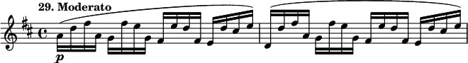 
%etude29
\relative d''
{
\time 4/4 
\tempo "29. Moderato"
\key d \major
a16\p (d fis a, g fis' e g, fis e' d fis, e d' cis e) | d, (d' fis a, g fis' e g, fis e' d fis, e d' cis e)
}
