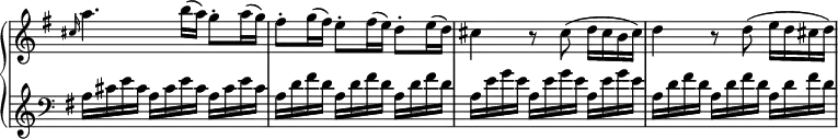 
 \relative c' {
  \new PianoStaff <<
   \new Staff \with { \remove "Time_signature_engraver" } { \key g \major \time 3/4 
    \grace cis'16~ a'4. b16( a) g8-. a16( g) fis8-. g16( fis) e8-. fis16( e) d8-. e16( d) cis4 r8 cis( d16 cis b cis) d4 r8 d( e16 d cis d)
   }
   \new Staff \with { \remove "Time_signature_engraver" } { \key g \major \time 3/4 \clef bass 
    a,16 cis e cis a cis e cis a cis e cis a d fis d a d fis d a d fis d a e' g e a, e' g e a, e' g e a, d fis d a d fis d a d fis d 
   }
  >>
 }
