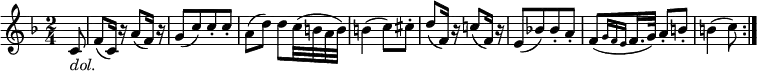 
\relative c' {
\key f \major \time 2/4
\partial 8 c8 _\markup{ \italic "dol."} | f8( c16) r a'8( f16) r
g8([ c) c-. c-.] | a8( d) d c32( b a b) | b4( c8) cis-. | d8( f,16) r c'!8( f,16) r
e8([ bes'!) bes-. a-.] | f8([ \grace { g16 f e } f16. g32)] a8-. b-. | b4( c8) \bar ":|."
} 