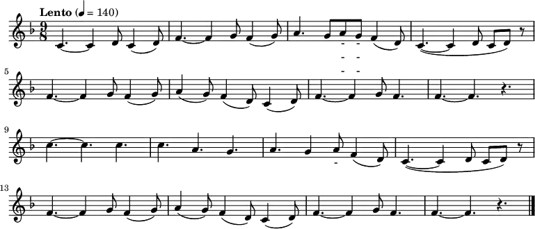 
\relative c' { \key f \major \time 9/8  \tempo "Lento" 4 = 140 \set Staff.midiInstrument = #"violin"
c4. ~ c4 d8  c4 ( d8 ) | f4. ~ f4 g8  f4 ( g8 ) | a4. g8 a g f4 ( d8 ) | c4. ~ ( c4 d8 c d ) r8 |\break
f4. ~ f4 g8  f4 ( g8 ) | a4 ( g8 ) f4 ( d8 ) c4 ( d8 ) | f4. ~ f4 g8 f4.| f4. ~ f4. r4. |\break
c'4. ~ c c | c4. a4. g4. | a4. g4 a8 f4 ( d8 ) | c4. ~ ( c4  d8 c d ) r8 |\break
f4. ~ f4 g8  f4 ( g8 ) | a4 ( g8 ) f4 ( d8 ) c4 ( d8 ) | f4. ~ f4 g8 f4.| f4. ~ f4. r4. \bar "|."}
\addlyrics {
아 리 랑 아 리 랑 아 라 - - 리 요
아 리 랑 고 개 로 넘 어 간 다
나 를 버 리 고 가 시 는 임 은
십 리 도 못 가 서 발 병 난 다}
\addlyrics {
아 리 랑 아 리 랑 아 라 - - 리 요
아 리 랑 고 개 로 넘 어 간 다
청 천 하 늘 엔 별 도 - 많 고
우 리 네 가 슴 엔 꿈 도 많 다}
\addlyrics {
아 리 랑 아 리 랑 아 라 - - 리 요
아 리 랑 고 개 로 넘 어 간 다
저 기 저 산 이 백 두 산 이라 지
동 지 섣 달 에 도 꽃 만 핀 다}
