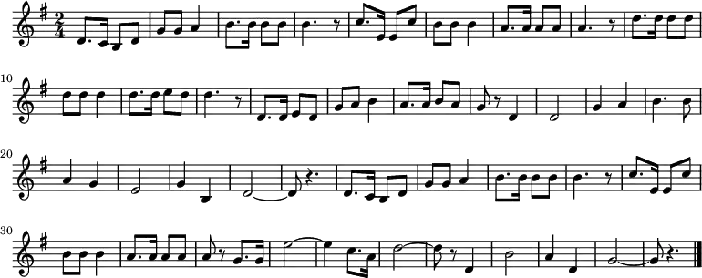 
 \relative c' {
  \new PianoStaff <<
   \new Staff { \key g \major \time 2/4
   d8. c16 b8 d | g g a4 | b8. b16 b8 b | b4. r8 | c8. e,16 e8 c' | b b b4 | a8. a16 a8 a | a4. r8 |
   d8. d16 d8 d | d d d4 | d8. d16 e8 d | d4. r8 | d,8. d16 e8 d | g a b4 | a8. a16 b8 a | g r d4 |
   d2 | g4 a | b4. b8 | a4 g | e2 | g4 b, | d2 ~ | d8 r4. |
   d8. c16 b8 d | g g a4 | b8. b16 b8 b | b4. r8 | c8. e,16 e8 c' | b b b4 | a8. a16 a8 a | a8 r g8. g16 |
   e'2 ~ | e4 c8. a16 | d2 ~ | d8 r d,4 | b'2 | a4 d, | g2 ~ | g8 r4. \bar "|."
   }
   \addlyrics{
   み よ と う か い の そ ら あ け て
   きょ く じ つ た か く か が や け ば
   て ん ち の せ い き は つ ら つ と
   き ぼ う は お ど る お お や し ま
   お お せ い ろ う の あ さ く も に
   そ び ゆ る ふ じ の す が た こ そ
   き ん お う む け つ ゆ る ぎ な き
   わ が にっ ぽ ん の ほ こ り な れ
   }
  >>
 }
