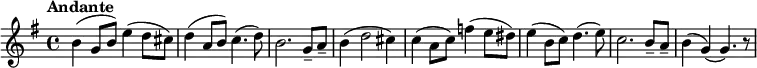  {\key g \major \tempo "Andante" b'4( g'8 b'8) e''4( d''8 cis''8) d''4( a'8 b'8) c''4.( d''8) b'2. g'8-- a'8-- b'4( d''2 cis''4)  c''4( a'8 c''8) f''4( e''8 dis''8) e''4( b'8 c''8) d''4.( e''8) c''2. b'8-- a'8-- b'4( g'4)( g'4.) r8} 