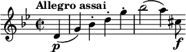 \relative c' { \key g \minor \time 2/2 \tempo "Allegro assai" \partial 4 d4\p( g) bes-. d-. g-. bes2( a4) cis,8\f }