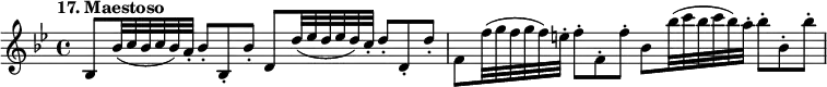 
%etude17
\relative b
{  
\time 4/4
\tempo "17. Maestoso"
\key bes \major
bes8 bes'32*2/3 (c bes c bes) a-. bes8*2/3-. bes,-. bes'-. d,8 d'32*2/3 (ees d ees d) c-. d8*2/3-. d,-. d'-. | f,8 f'32*2/3 (g f g f) e-. f8*2/3-. f,-. f'-. bes,8 bes'32*2/3 (c bes c bes) a-. bes8*2/3-. bes,-. bes'-. 
}
